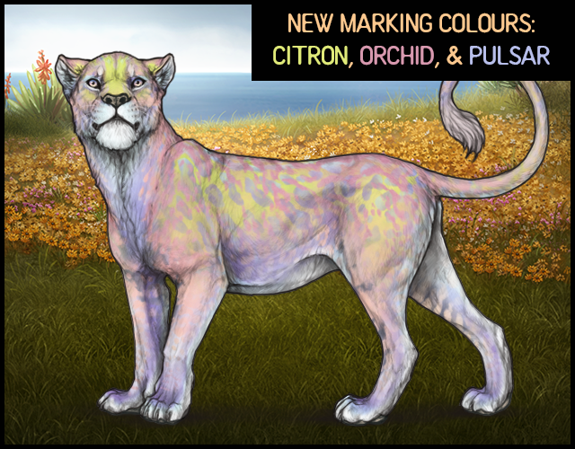 A mockup containing a lioness with the Kunzite base, Dawn eyes, and a Greige nose. The lioness has intentionally been given conflicting marking colours to showcase the new marking sets. Her markings are, in order: Blue Indri, Feline 7 Orchid, Citron Crust, Pulsar Margay, Feline 9 Orchid, Pulsar Mottled Vents, and Under White 3.