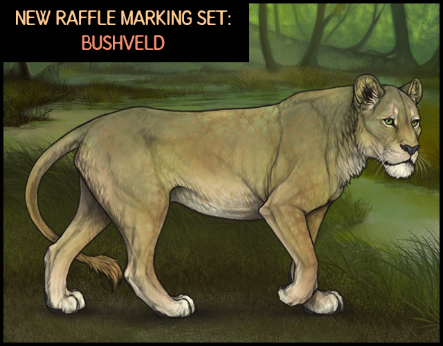 A mockup containing a lioness with the Olive base, Hazel eyes, and a Matte nose. She is intended to showcase the new Bushveld markings. Her markings are, in order: Bushveld Crackle, Almond Soft Unders, and Bushveld Panther.