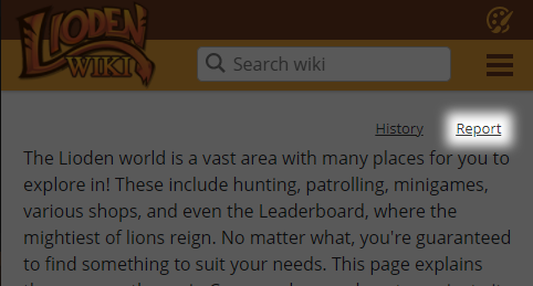 A screenshot of the official Lioden Wiki. The option to report a page is highlighted.