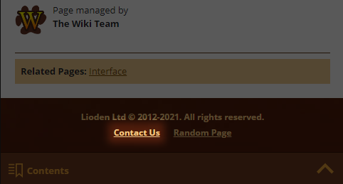 A screenshot of the official Lioden Wiki. The Contact Us link within the footer is highlighted.
