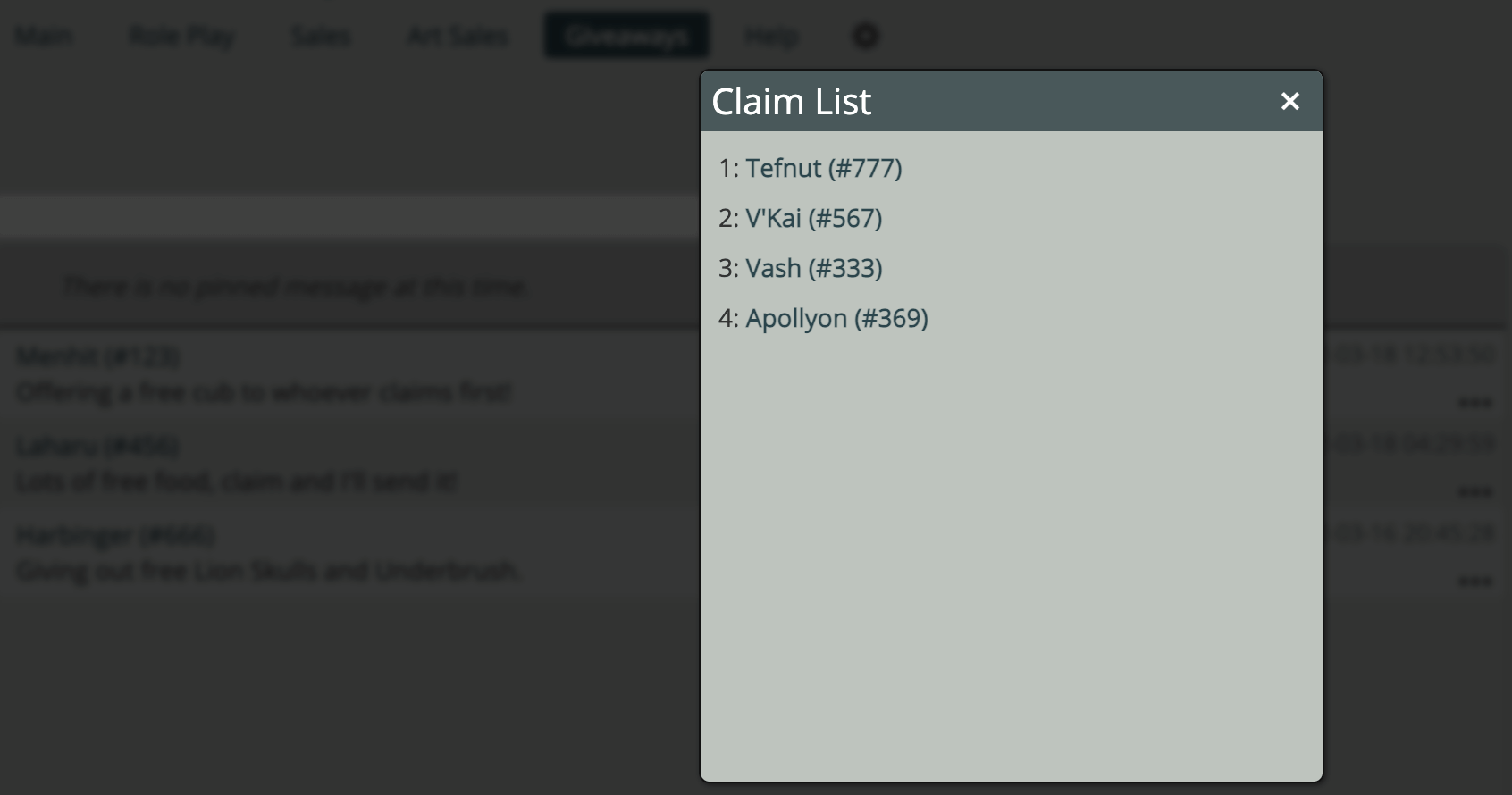 Screenshot of the claim list popup that displays when selecting the number value on a chat message.